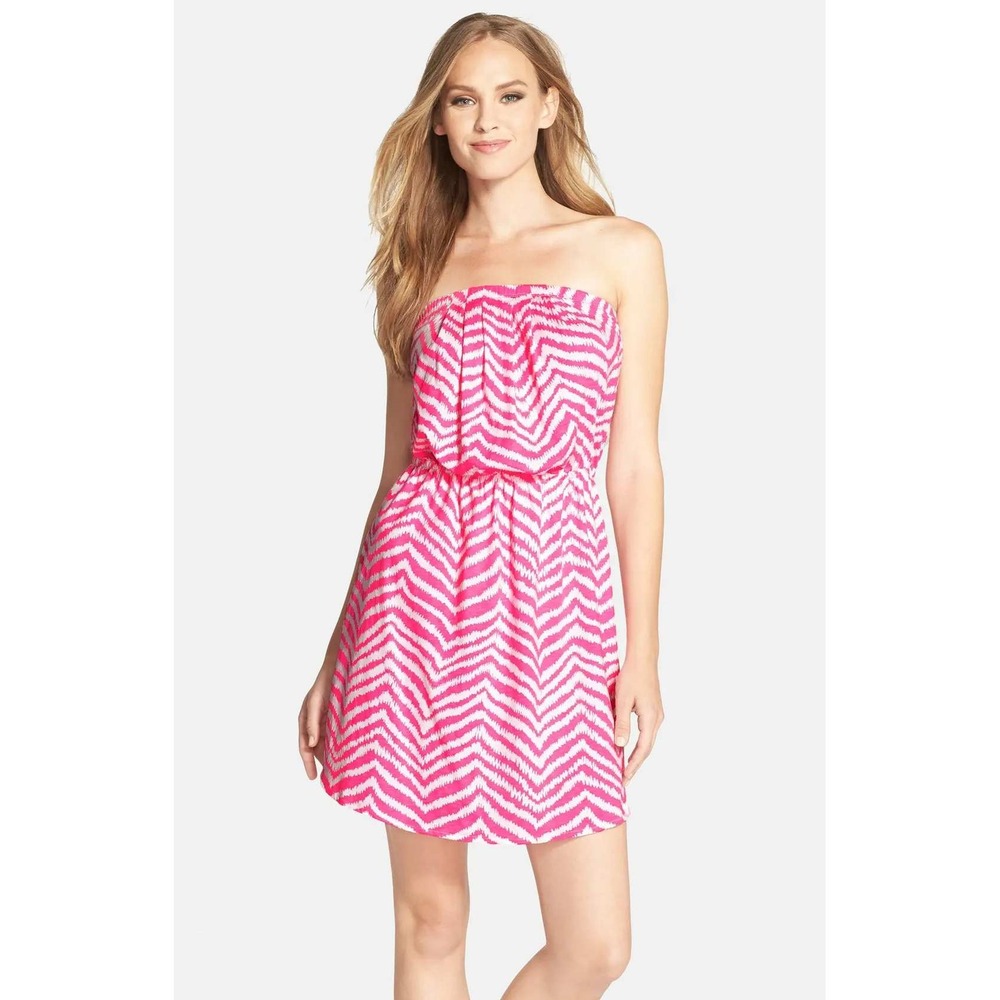 Lilly Pulitzer Strapless Dress Womens Medium Pink Chevron Ikat 82490 Mini Beach